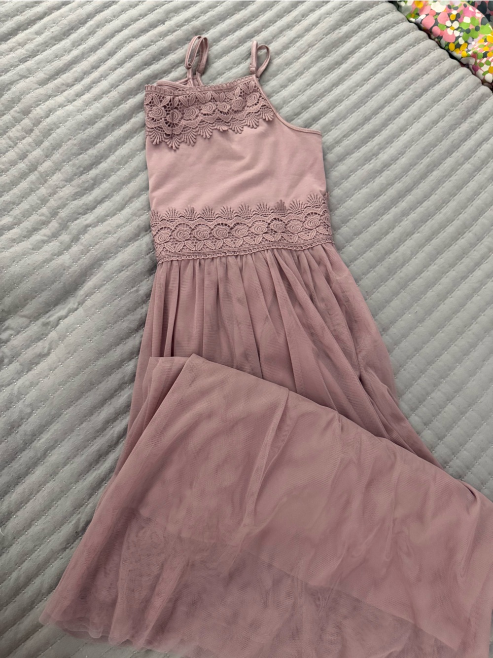 Girls' Dusty Rose Lace-Trim Casual Dress